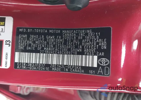 2011 Toyota Corolla S z USA, uszkodzony, nr VIN 2T1BU4EE4BC689218